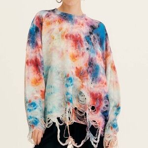 R13 Destroyed Oversized Pullover Blue Multicolor Tie Dye Size M